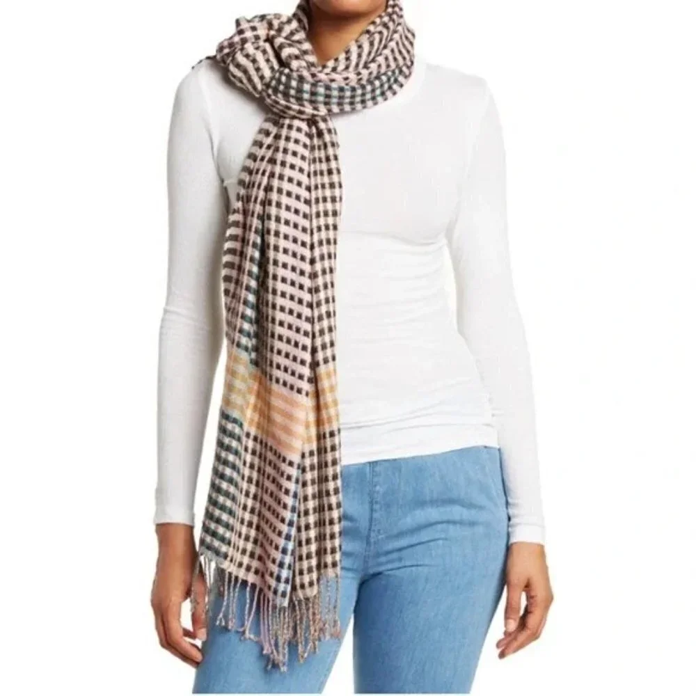 Vince‎ Camuto Womens One Size Woven Plaid Print Fringe Scarf Black Brighter 1258